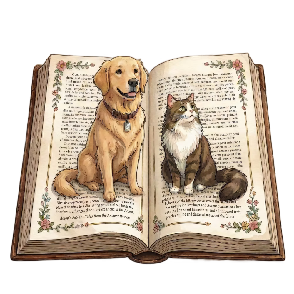 Dog and cat sitting in front of a book